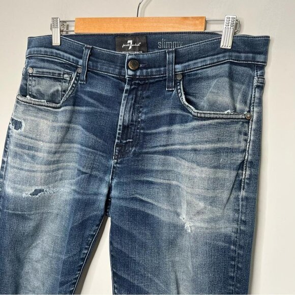 7 For All Mankind Mens Size 33 Slimmy Jeans FLAW Distressed Denim Dark Wash - Picture 3 of 13